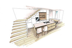 Kücheninsel / Kochblock mit Hockern mit Rückenlehne Planungsskizze | Referenz "Kücheninsel mit Sitzgelegenheit in Hamburg-Eppendorf" von der Möbeltischlerei woodendesign in Hamburg